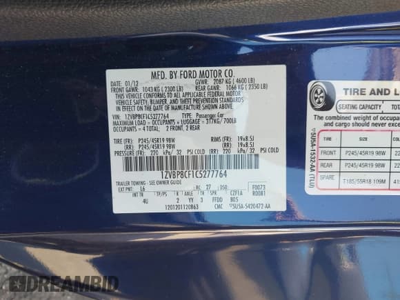 ✅ 2012 Ford Mustang GT Premium • VIN: 1ZVBP8CF1C5277764 • Lot: 43191730. Listed on IAAI with 52,459 mi. Free auction sales archive from the USA and detailed vehicle history report at DreamBid. Image 9.