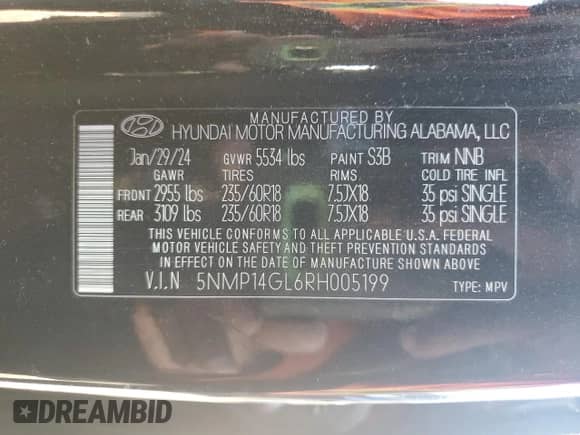 2024 Hyundai Santa Fe SE with VIN 5NMP14GL6RH005199, listed as a Copart auction lot 84809105 with Not provided miles and Clean title. Bid and sale history available at DreamBid. Image 13.