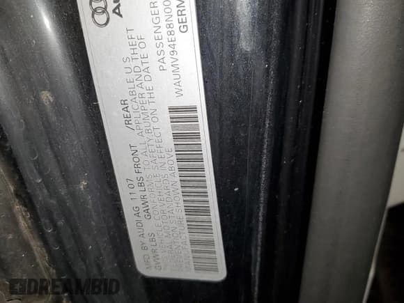 ✅ 2008 Audi A8 4.2L • VIN: WAUMV94E88N006234 • Lot: 60530185. Listed on Copart with 163,019 mi. Free auction sales archive from the USA and detailed vehicle history report at DreamBid. Image 12.