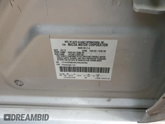 ✅ 2012 Mazda 6 i Sport • VIN: 1YVHZ8BH9C5M34784 • Lot: 82696195. Listed on Copart with 163,469 mi. Free auction sales archive from the USA and detailed vehicle history report at DreamBid. Image 12.