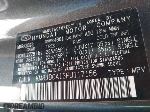 2023 Hyundai Tucson Blue z VIN KM8JBCA13PU117156, wystawiony jako IAAI lot #42376110 z przebiegiem 68 919 mil mil oraz . Historia ofert i sprzedaży dostępna na DreamBid. Obrazek 9.