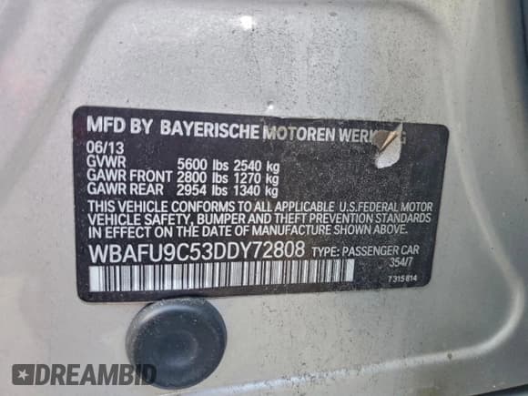 ✅ 2013 BMW 5 Series 550i xDrive • VIN: WBAFU9C53DDY72808 • Lot: 94936385. Listed on Copart with 111,322 mi. Free auction sales archive from the USA and detailed vehicle history report at DreamBid. Image 12.