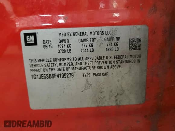 ✅ 2015 Chevrolet Sonic LTZ • VIN: 1G1JE6SB6F4199279 • Lot: 86112665. Listed on Copart with 158,443 mi. Free auction sales archive from the USA and detailed vehicle history report at DreamBid. Image 12.