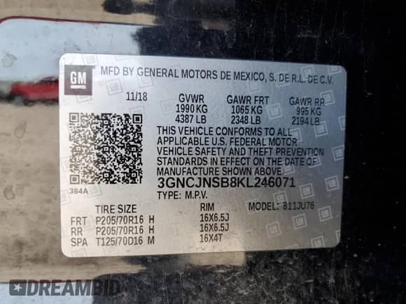 2019 Chevrolet Trax LS with VIN 3GNCJNSB8KL246071, listed as a Copart auction lot 86442955 with 106,300 mi miles and Salvage title. Bid and sale history available at DreamBid. Image 13.