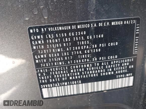 ✅ 2023 Volkswagen Tiguan S • VIN: 3VVRB7AX1PM110618 • Lot: 42750580. Listed on IAAI with 16,195 mi. Free auction sales archive from the USA and detailed vehicle history report at DreamBid. Image 9.