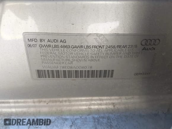 ✅ 2008 Audi A4 2.0T • VIN: WAUAF78E08A008078 • Lot: 41723300. Listed on IAAI with 176,563 mi. Free auction sales archive from the USA and detailed vehicle history report at DreamBid. Image 9.