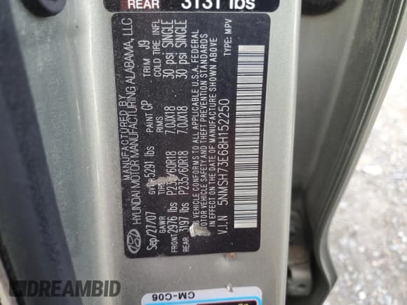 ✅ 2008 Hyundai Santa Fe SE • VIN: 5NMSH73E68H152250 • Lot: 85364354. Listed on Copart with 176,686 mi. Free auction sales archive from the USA and detailed vehicle history report at DreamBid. Image 13.