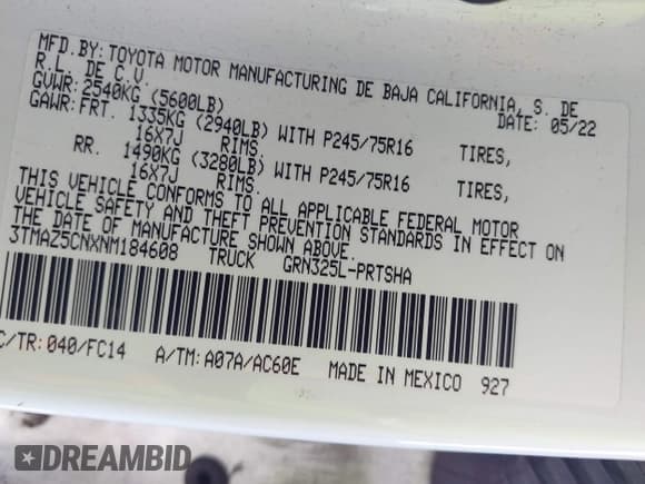 ✅ 2022 Toyota Tacoma SR5 • VIN: 3TMAZ5CNXNM184608 • Lot: 43794209. Wystawiony na IAAI z przebiegiem 48 491 mil. Bezpłatny archiwum sprzedaży aukcyjnych z USA i szczegółowy raport historii pojazdu na DreamBid. Zdjęcie 9.