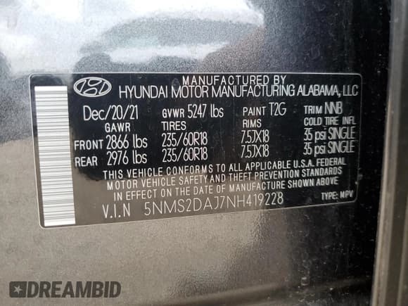 ✅ 2022 Hyundai Santa Fe SEL • VIN: 5NMS2DAJ7NH419228 • Lot: 57798885. Wystawiony na Copart z przebiegiem 17 974 mil. Bezpłatny archiwum sprzedaży aukcyjnych z USA i szczegółowy raport historii pojazdu na DreamBid. Zdjęcie 12.