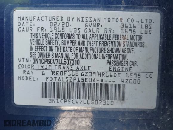 ✅ 2020 Nissan Kicks SV • VIN: 3N1CP5CV7LL507310 • Lot: 41932648. Listed on IAAI with 137,149 mi. Free auction sales archive from the USA and detailed vehicle history report at DreamBid. Image 9.