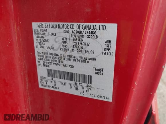 ✅ 2004 Ford F-150 XL • VIN: 2FTRX17W94CA53720 • Лот: 43526359. Опубликован ранее на IAAI с пробегом Не указан. Бесплатный доступ к архиву аукционных продаж из США и подробный отчёт об истории автомобиля на DreamBid. Изображение 9.