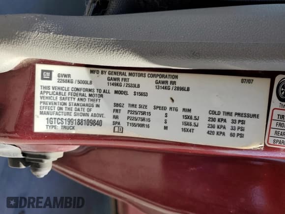 ✅ 2008 GMC Canyon SLE1 • VIN: 1GTCS199188109840 • Lot: 72822624. Listed on Copart with 312,683 mi. Free auction sales archive from the USA and detailed vehicle history report at DreamBid. Image 13.