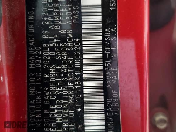 2020 Toyota Camry SE with VIN 4T1G11BK1LU002204, listed as a Copart auction lot 60670025 with 134,747 mi miles and Non repairable. Bid and sale history available at DreamBid. Image 12.