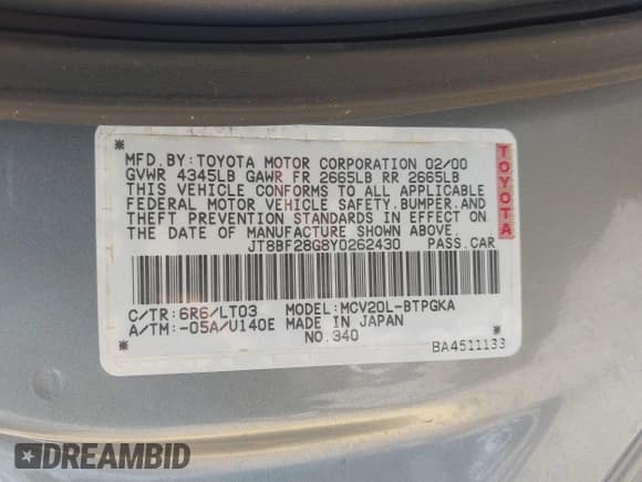 ✅ 2000 Lexus ES 300 • VIN: JT8BF28G8Y0262430 • Lot: 42939524. Listed on IAAI with 166,765 mi. Free auction sales archive from the USA and detailed vehicle history report at DreamBid. Image 9.