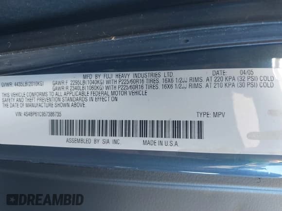 ✅ 2005 Subaru Legacy Outback • VIN: 4S4BP61C957386735 • Лот: 39738918. Опубликован ранее на IAAI с пробегом 152 566 миль. Бесплатный доступ к архиву аукционных продаж из США и подробный отчёт об истории автомобиля на DreamBid. Изображение 9.