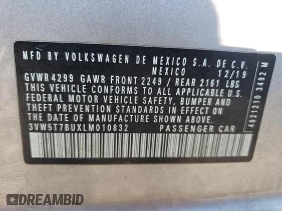 ✅ 2020 Volkswagen Jetta S • VIN: 3VW5T7BUXLM010832 • Lot: 66376523. Listed on Copart with 66,434 mi. Free auction sales archive from the USA and detailed vehicle history report at DreamBid. Image 13.