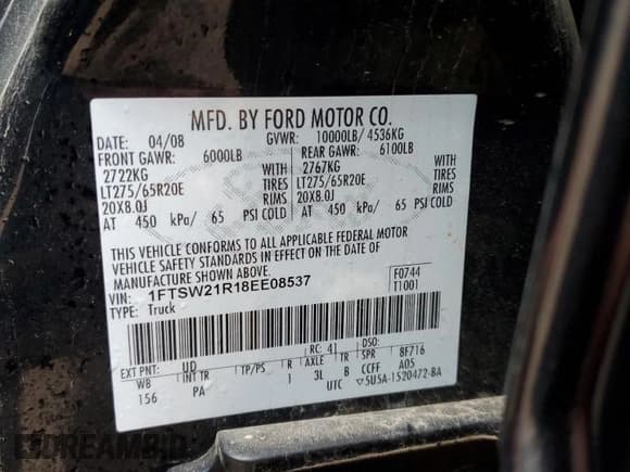 ✅ 2008 Ford F-250 XL • VIN: 1FTSW21R18EE08537 • Lot: 84629975. Listed on Copart with 217,261 mi. Free auction sales archive from the USA and detailed vehicle history report at DreamBid. Image 12.