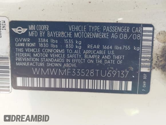 ✅ 2008 MINI Hardtop • VIN: WMWMF33528TU69137 • Lot: 42892223. Listed on IAAI with 63,213 mi. Free auction sales archive from the USA and detailed vehicle history report at DreamBid. Image 9.
