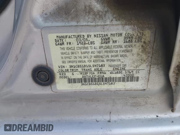 ✅ 2005 Nissan Sentra S • VIN: 3N1CB51D15L547183 • Lot: 43298858. Wystawiony na IAAI z przebiegiem 284 110 mil. Bezpłatny archiwum sprzedaży aukcyjnych z USA i szczegółowy raport historii pojazdu na DreamBid. Zdjęcie 9.