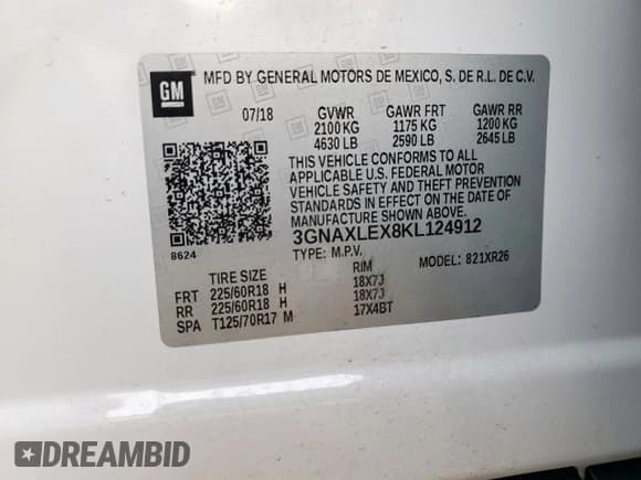 ✅ 2019 Chevrolet Equinox LT • VIN: 3GNAXLEX8KL124912 • Лот: 87391005. Опубликован ранее на Copart с пробегом 38 807 миль. Бесплатный доступ к архиву аукционных продаж из США и подробный отчёт об истории автомобиля на DreamBid. Изображение 13.