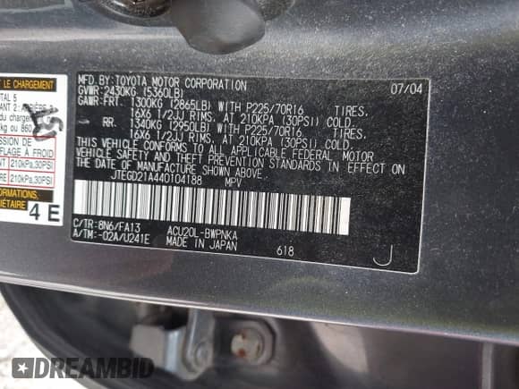 2004 Toyota Highlander с VIN JTEGD21A440104188, выставлен на аукционе IAAI как лот 42879990 с пробегом 141 542 миль миль и . История ставок и продаж доступна на DreamBid. Изображение 9.