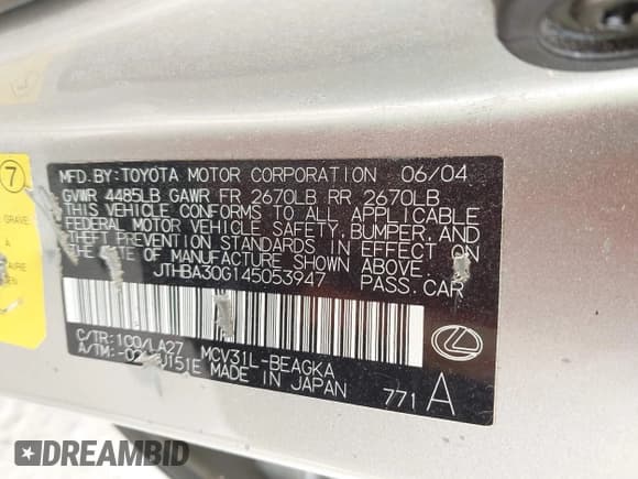 ✅ 2004 Lexus ES 350 • VIN: JTHBA30G145053947 • Lot: 42434590. Listed on IAAI with 189,926 mi. Free auction sales archive from the USA and detailed vehicle history report at DreamBid. Image 9.