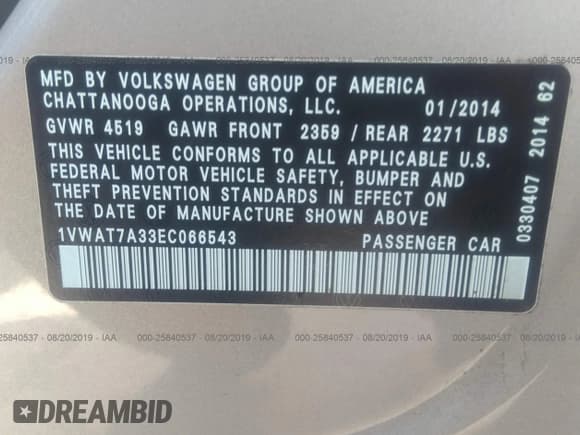 ✅ 2014 Volkswagen Passat S • VIN: 1VWAT7A33EC066543 • Lot: 41623266. Listed on IAAI with Not provided. Free auction sales archive from the USA and detailed vehicle history report at DreamBid. Image 9.