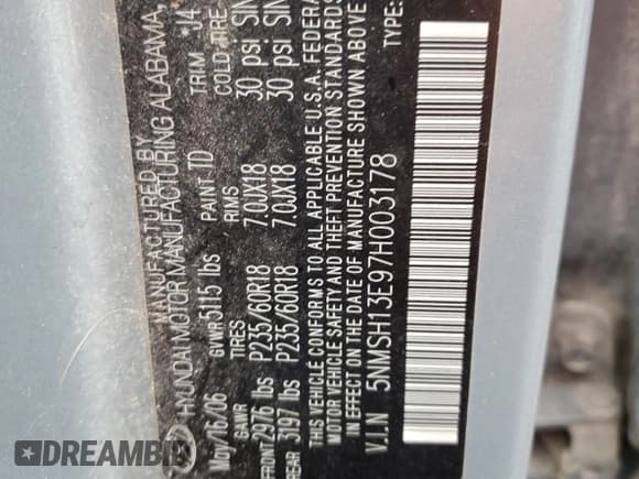 ✅ 2007 Hyundai Santa Fe SE • VIN: 5NMSH13E97H003178 • Lot: 78619304. Listed on Copart with 181,624 mi. Free auction sales archive from the USA and detailed vehicle history report at DreamBid. Image 14.