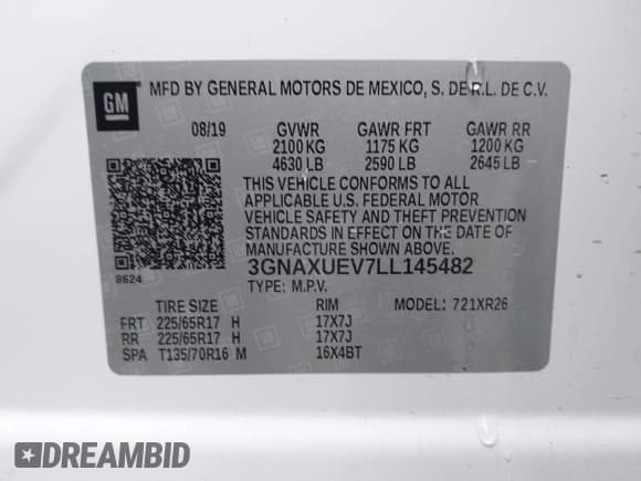 ✅ 2020 Chevrolet Equinox LT • VIN: 3GNAXUEV7LL145482 • Лот: 43272448. Опубликован ранее на IAAI с пробегом 121 671 миль. Бесплатный доступ к архиву аукционных продаж из США и подробный отчёт об истории автомобиля на DreamBid. Изображение 9.