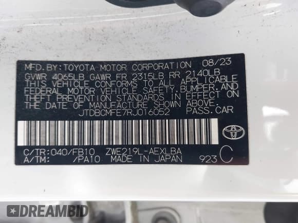 ✅ 2024 Toyota Corolla Hybrid XLE • VIN: JTDBCMFE7RJ016052 • Lot: 43661387. Listed on IAAI with 227,906 mi. Free auction sales archive from the USA and detailed vehicle history report at DreamBid. Image 8.