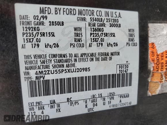 ✅ 1999 Mercury Mountaineer • VIN: 4M2ZU55P5XUJ20985 • Lot: 68666995. Listed on Copart with 179,607 mi. Free auction sales archive from the USA and detailed vehicle history report at DreamBid. Image 13.