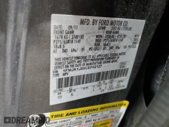 ✅ 2012 Ford Expedition Max King Ranch • VIN: 1FMJK1J5XCEF02127 • Lot: 70063075. Listed on Copart with 190,337 mi. Free auction sales archive from the USA and detailed vehicle history report at DreamBid. Image 13.