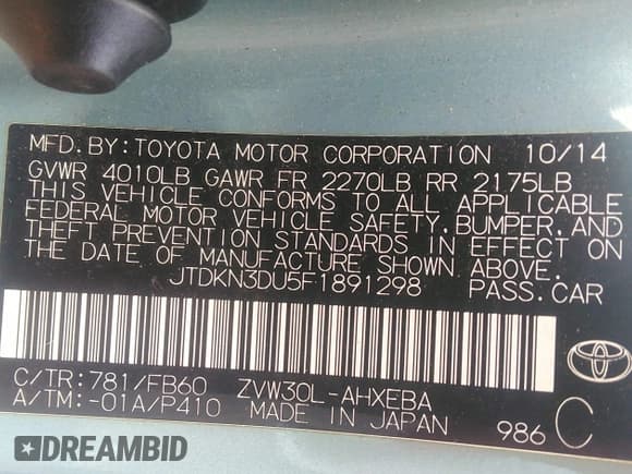 ✅ 2015 Toyota Prius Four • VIN: JTDKN3DU5F1891298 • Lot: 43277966. Listed on IAAI with 256,930 mi. Free auction sales archive from the USA and detailed vehicle history report at DreamBid. Image 9.