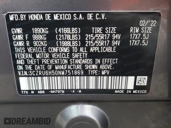 ✅ 2022 Honda HR-V EX • VIN: 3CZRU6H50NM751869 • Лот: 90992875. Опубликован ранее на Copart с пробегом 87 382 миль. Бесплатный доступ к архиву аукционных продаж из США и подробный отчёт об истории автомобиля на DreamBid. Изображение 12.