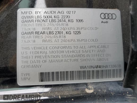 ✅ 2017 Audi allroad A4 Premium Plus • VIN: WA18NAF49HA133618 • Lot: 85100365. Listed on Copart with 101,515 mi. Free auction sales archive from the USA and detailed vehicle history report at DreamBid. Image 13.