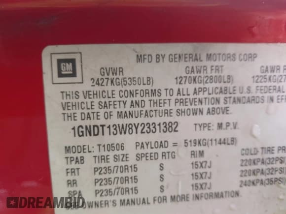 ✅ 2000 Chevrolet Blazer LT • VIN: 1GNDT13W8Y2331382 • Lot: 40840945. Wystawiony na IAAI z przebiegiem 153 308 mil. Bezpłatny archiwum sprzedaży aukcyjnych z USA i szczegółowy raport historii pojazdu na DreamBid. Zdjęcie 9.