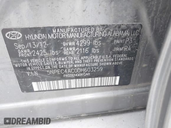 ✅ 2013 Hyundai Sonata SE • VIN: 5NPEC4AC0DH603259 • Lot: 41921039. Listed on IAAI with Not provided. Free auction sales archive from the USA and detailed vehicle history report at DreamBid. Image 9.