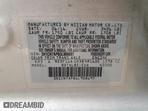 ✅ 2016 Nissan Versa S • VIN: 3N1CN7AP8GL908697 • Lot: 87403055. Listed on Copart with 142,784 mi. Free auction sales archive from the USA and detailed vehicle history report at DreamBid. Image 12.