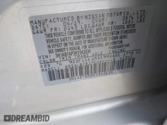 ✅ 2019 Nissan Sentra SV • VIN: 3N1AB7AP2KY343634 • Лот: 43211060. Опубликован ранее на IAAI с пробегом 70 352 миль. Бесплатный доступ к архиву аукционных продаж из США и подробный отчёт об истории автомобиля на DreamBid. Изображение 9.