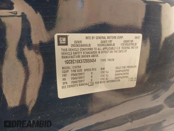 ✅ 2007 Chevrolet Silverado 1500 Work Truck • VIN: 1GCEC19X37Z650434 • Lot: 42532346. Listed on IAAI with 168,991 mi. Free auction sales archive from the USA and detailed vehicle history report at DreamBid. Image 9.