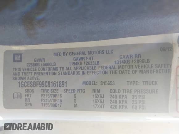 2012 Chevrolet Colorado Work Truck with VIN 1GCESBF99C8161891, listed as a IAAI auction lot 43005636 with 144,193 mi miles and . Bid and sale history available at DreamBid. Image 9.