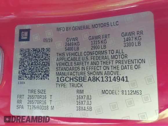 ✅ 2019 Chevrolet Colorado 2WD Work Truck • VIN: 1GCHSBEA8K1314941 • Lot: 43309682. Wystawiony na IAAI z przebiegiem 64 568 mil. Bezpłatny archiwum sprzedaży aukcyjnych z USA i szczegółowy raport historii pojazdu na DreamBid. Zdjęcie 9.