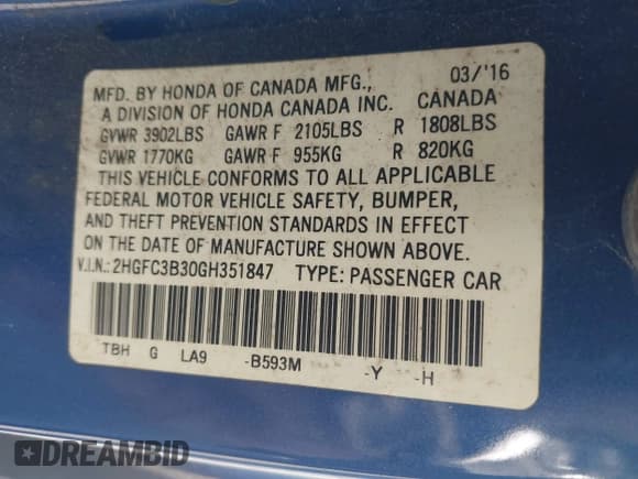 ✅ 2016 Honda Civic EX-T • VIN: 2HGFC3B30GH351847 • Lot: 43062875. Listed on IAAI with 189,736 mi. Free auction sales archive from the USA and detailed vehicle history report at DreamBid. Image 9.