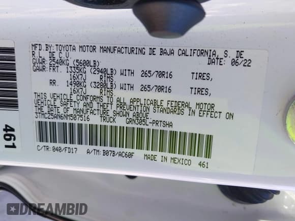 ✅ 2022 Toyota Tacoma TRD Off Road • VIN: 3TMCZ5AN6NM507516 • Lot: 43627127. Listed on IAAI with 52,077 mi. Free auction sales archive from the USA and detailed vehicle history report at DreamBid. Image 9.