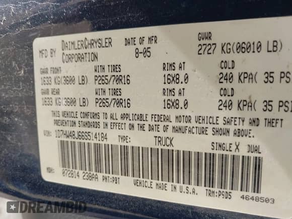 2006 Dodge Dakota SLT z VIN 1D7HW48J66S514184, wystawiony jako IAAI lot #42270964 z przebiegiem 105 857 mil mil oraz . Historia ofert i sprzedaży dostępna na DreamBid. Obrazek 9.