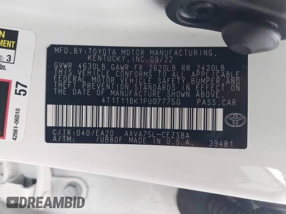 2023 Toyota Camry SE with VIN 4T1T11BK1PU077750, listed as a IAAI auction lot 42047470 with 51,015 mi miles and . Bid and sale history available at DreamBid. Image 9.