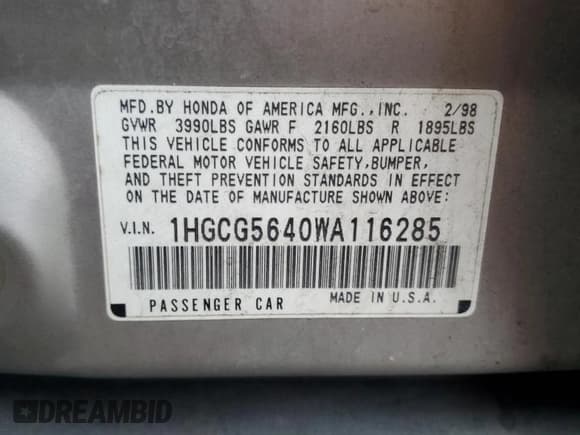 ✅ 1998 Honda Accord LX • VIN: 1HGCG5640WA116285 • Лот: 93661555. Опубликован ранее на Copart с пробегом 149 065 миль. Бесплатный доступ к архиву аукционных продаж из США и подробный отчёт об истории автомобиля на DreamBid. Изображение 12.