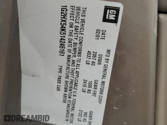 ✅ 2001 Pontiac Bonneville SE • VIN: 1G2HX54K514246161 • Lot: 80767114. Listed on Copart with 119,548 mi. Free auction sales archive from the USA and detailed vehicle history report at DreamBid. Image 12.