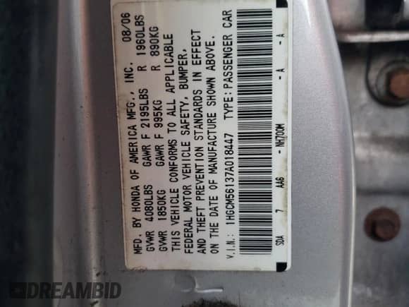 2007 Honda Accord VP with VIN 1HGCM56137A018447, listed as a Copart auction lot 81262015 with 149,502 mi miles and Clean title. Bid and sale history available at DreamBid. Image 12.