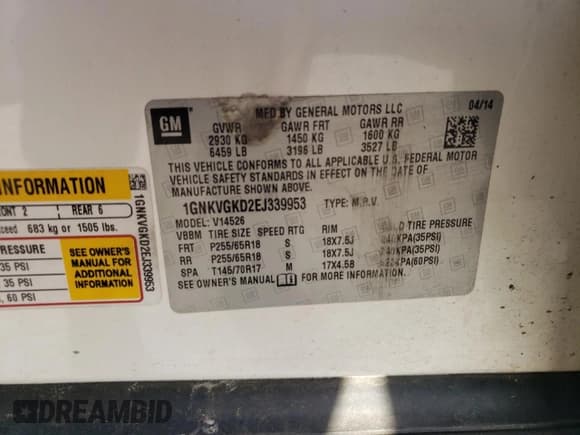 ✅ 2014 Chevrolet Traverse LT • VIN: 1GNKVGKD2EJ339953 • Lot: 81992785. Listed on Copart with 171,453 mi. Free auction sales archive from the USA and detailed vehicle history report at DreamBid. Image 12.